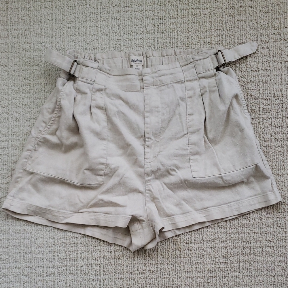 UpWest Beige High-Waist Linen-Blend Shorts with Side Buckles